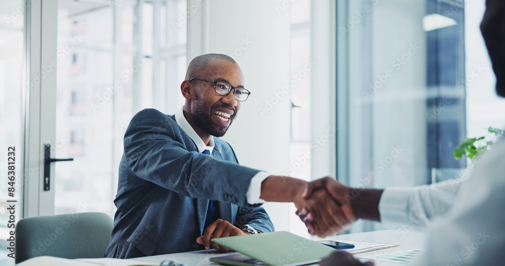© peopleimages.com - Man, business and shaking hands in office for meeting, lawyer and client in legal consultation together for agreement. Professional, negotiation and thank you gesture, partnership and opportunity