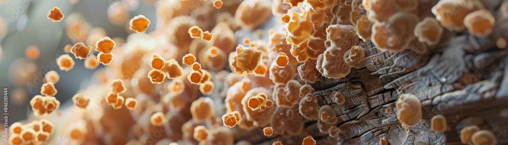 The intricate patterns of fungal spores settling on surfaces, highlighting the allergy response and the importance of moisture control The intricate patterns of fungal spores settling on surfaces, highlighting the allergy response and the importance of moisture control