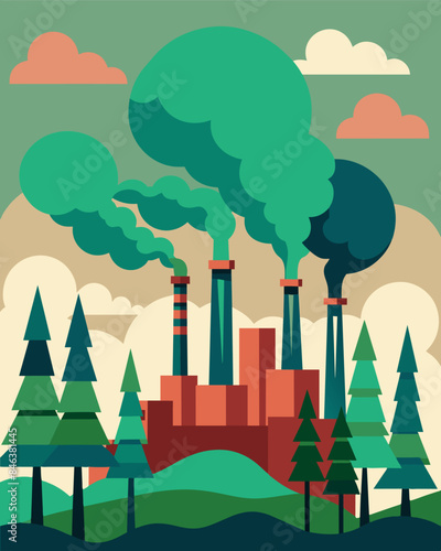 The once dense canopy of towering trees has been rep by smokestacks and chimneys belching out pollutants into the atmosphere.. Vector illustration