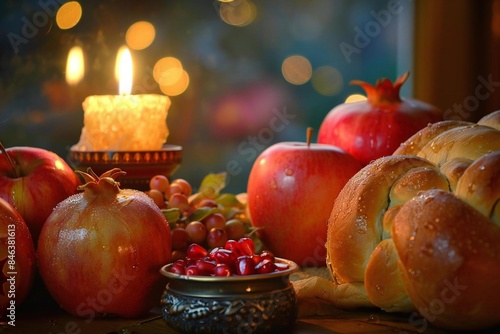 Rosh Hashanah (Jewish New Year). Close-up shot of a table adorned with traditional Rosh Hashanah foods such as apples and honey, pomegranates, and challah bread. photo