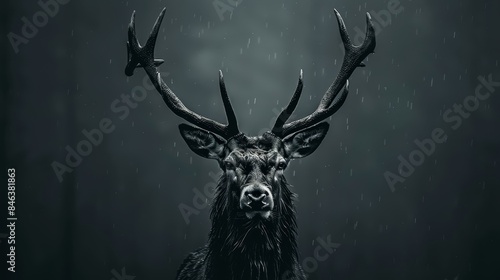  A monochrome image of a deer's head, adorned with grand antlers, against a dark backdrop as rain falls on the surrounding ground © Viktor