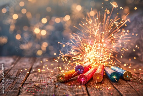 Independence Day (El Salvador). A still life composition of colorful fireworks sparklers, sparkler sticks, and glow sticks arranged on a wooden table, ready to be enjoyed after the sun sets.