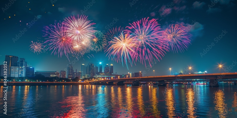 Fototapeta premium A stunning display of vibrant fireworks lighting up the night sky over a city skyline, reflecting in a calm body of water, creating a spectacular and festive atmosphere.