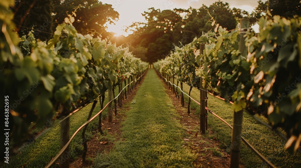 Naklejka premium A lush, green field lined with trees on both sides and bordered by a row of trees beyond