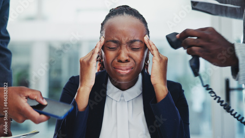 Business, woman or headache with stress for multitasking in office with phone call, overworked or pressure. African employee, accountability or frustrated with time management, mental health or hands
