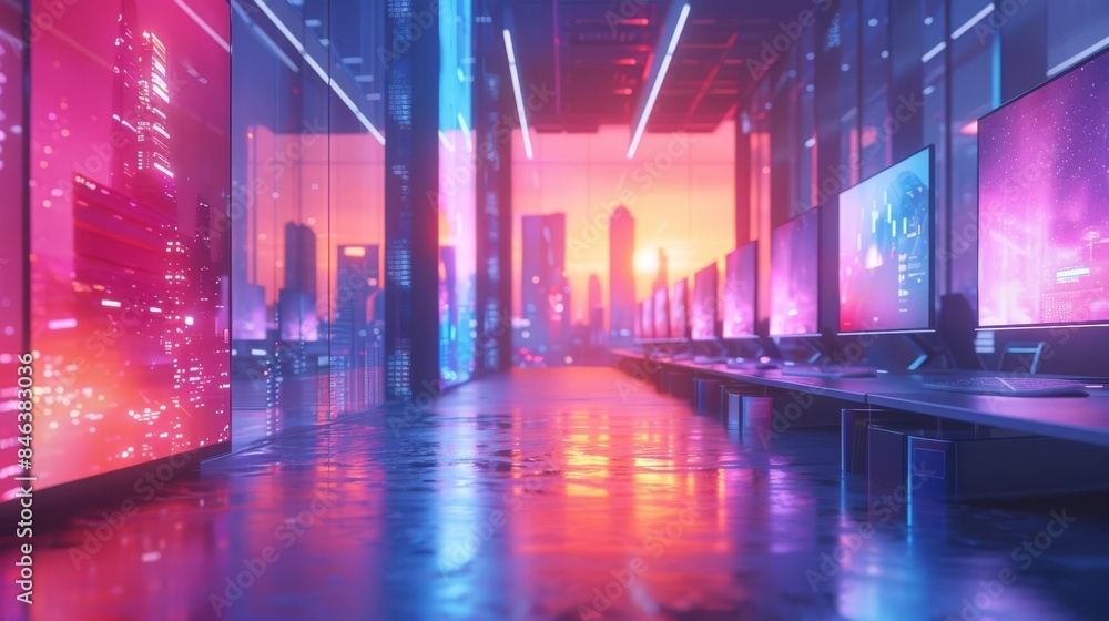 The vibrancy of digital entrepreneurship through a modern, sleek 3D at eye-level angle The vibrancy of digital entrepreneurship through a modern, sleek 3D at eye-level angle