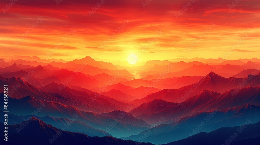 A breathtaking digital sunset landscape over mountainous terrain, featuring vibrant colors and a serene atmosphere. Ideal for nature and travel enthusiasts.