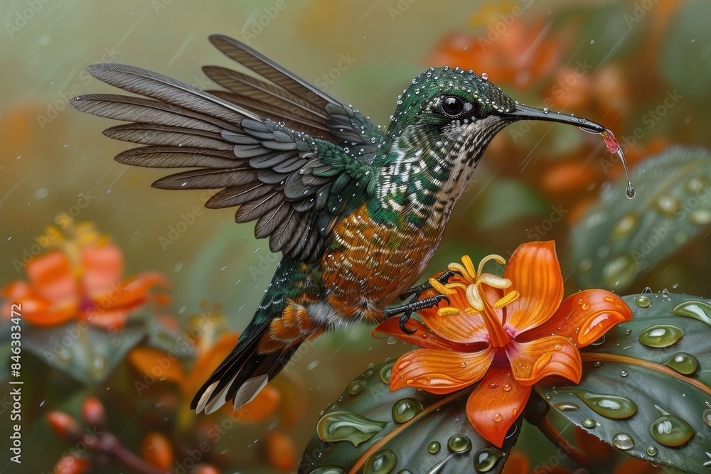 Obraz premium Close-up of a hummingbird hovering near a vibrant orange flower with dewdrops, showcasing nature's beauty and detail.