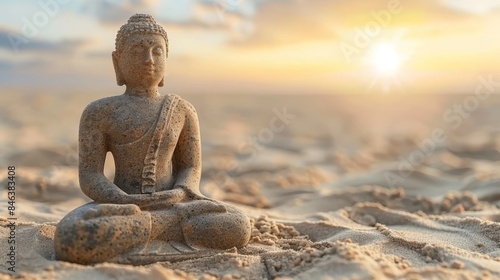  A Buddha statue sits on the sand, bathed in sunlight filtering through clouds above The tranquil scene unfolds before a body of water, its surface gently disturbed by rip photo