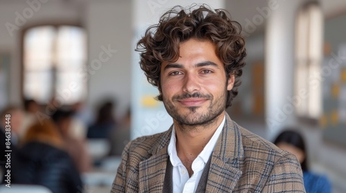 Confident man with curly hair wearing a plaid blazer, smiling in a bright office environment, representing professional success and positivity.