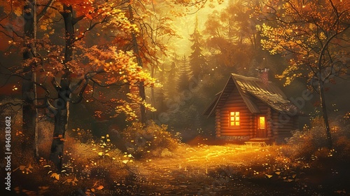 The warm glow emanating from a cabins window at dusk, nestled in a golden forest during autumn, inviting viewers to envision a cozy retreat