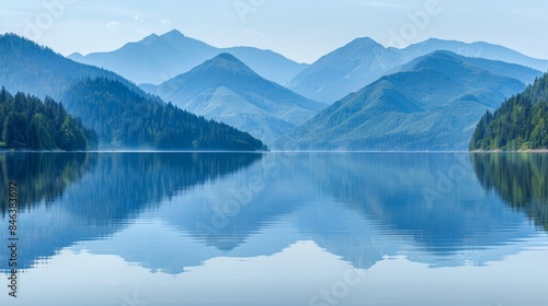  The mountains are mirrored in the tranquil water of a lake In the foreground, pine trees are reflected, and a blue sky mirrors at its surface
