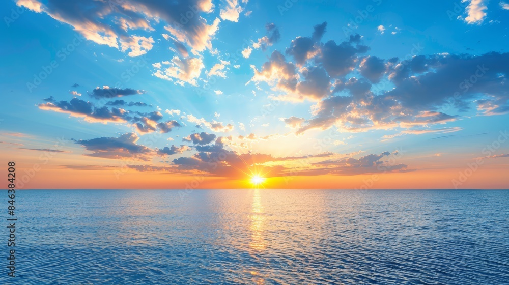 Fototapeta premium The sun sets over the ocean, foreground dotted with a near boat and a distant one Sky above waters adorned with clouds