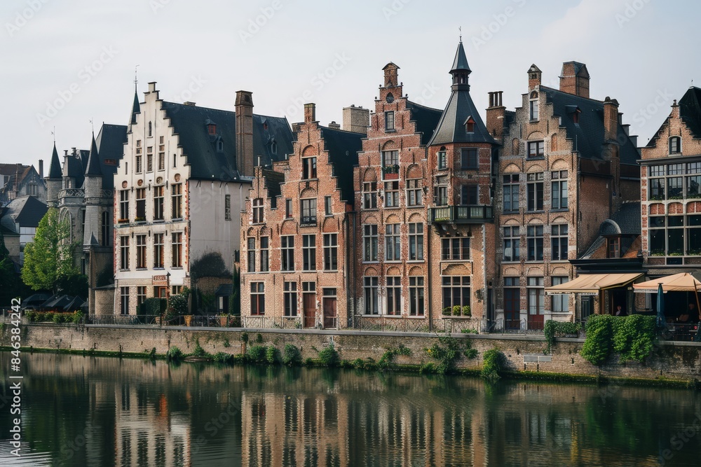 Naklejka premium Elegant riverside buildings with traditional European architecture reflecting in the calm water