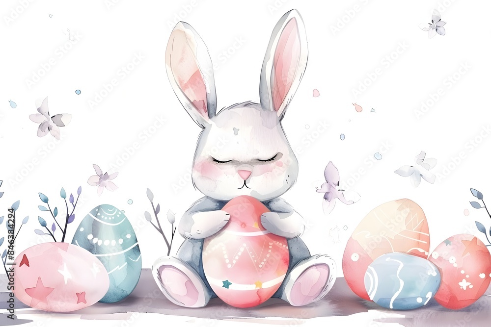 Charming Watercolor Easter Bunny and Eggs in Minimal Style Charming Watercolor Easter Bunny and Eggs in Minimal Style