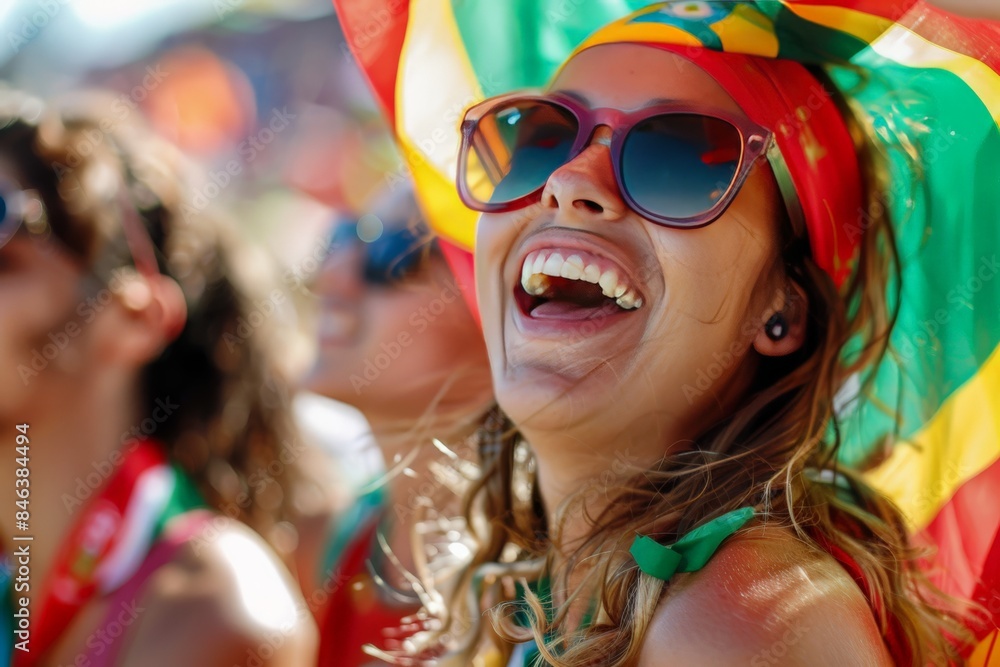 Close-up of a joyful woman with a flag, laughing and enjoying the festive atmosphere at a sports festival with sunglasses Close-up of a joyful woman with a flag, laughing and enjoying the festive atmosphere at a sports festival with sunglasses