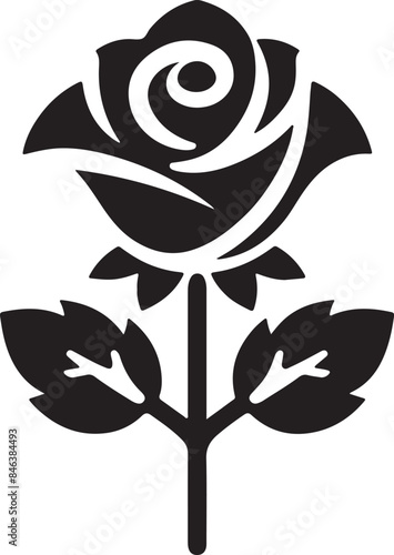 A black silhouette of a rose flower isolated on a white background