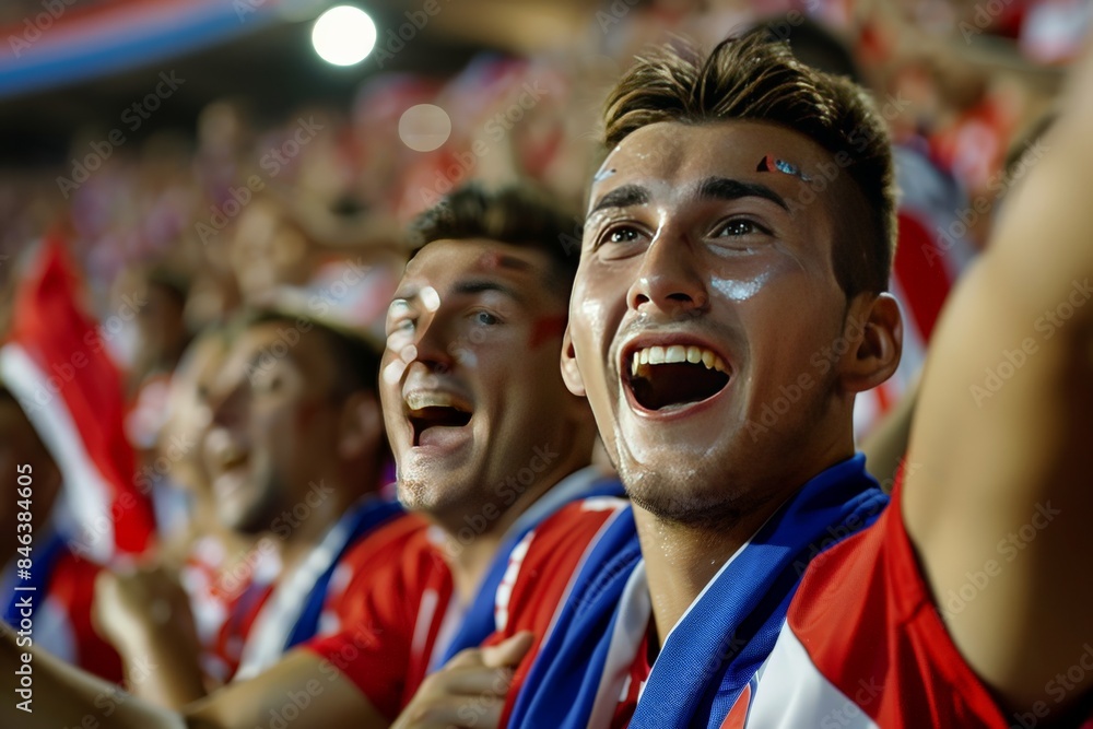 Fans in red and blue attire express overpowering delight as a key moment unfolds during a sports game Fans in red and blue attire express overpowering delight as a key moment unfolds during a sports game