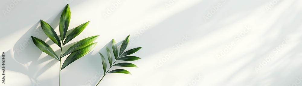 Fototapeta premium Minimalist image of two green leaves casting shadows on a white background, creating a calm and serene botanical scene.