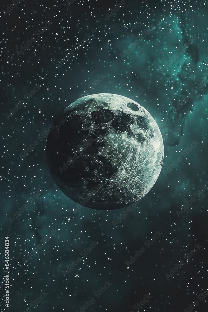 Obraz premium A large, dark blue moon is surrounded by a sea of stars