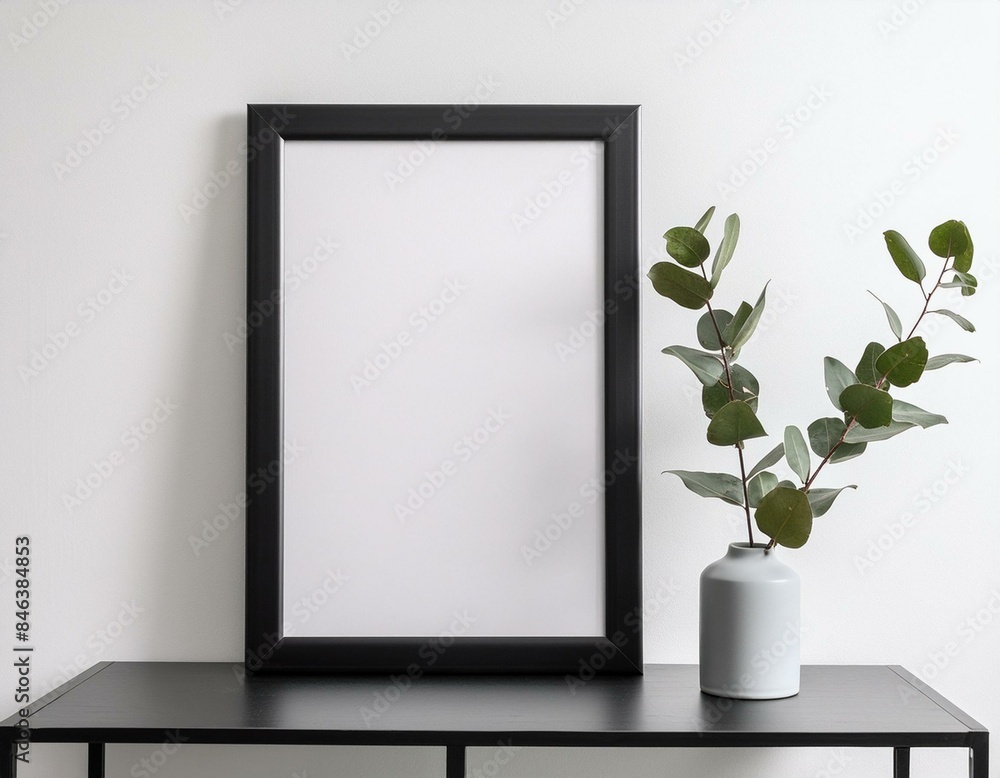 Black vertical frame mockup in white room with fresh eucalyptus plant in vase Black vertical frame mockup in white room with fresh eucalyptus plant in vase