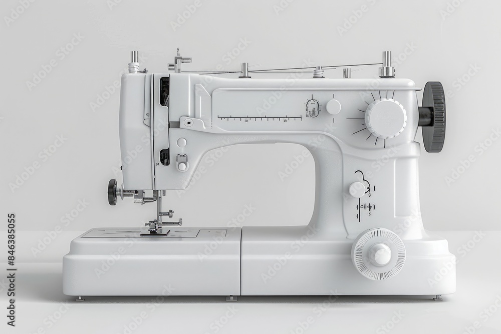 A white serger sewing machine with adjustable stitch settings, photographed against a seamless white background to emphasize its versatility and precision