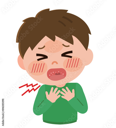 咽頭炎に苦しむ男の子　イラスト