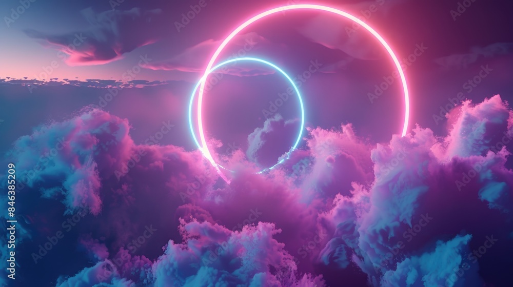 A glowing, neon blue and pink cloud with a large circle in the middle A glowing, neon blue and pink cloud with a large circle in the middle