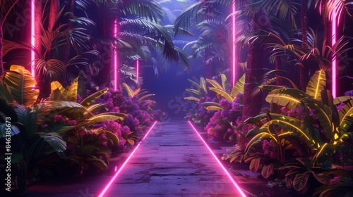 Bananas and papaya arranged in a geometric pattern on a garden stone pathway, glowing neon outlines, futuristic, night scene, vibrant colors photo