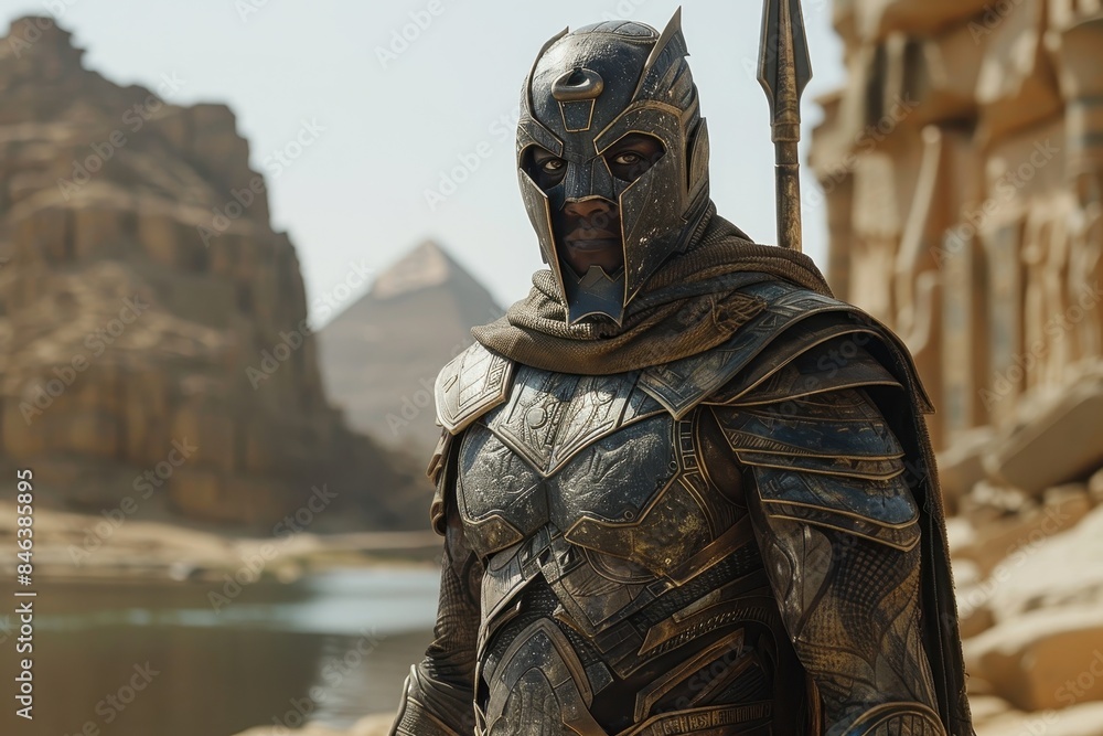 Fantasy warrior in detailed armor by ancient ruins with pyramid background, showcasing adventure and medieval themes. Fantasy warrior in detailed armor by ancient ruins with pyramid background, showcasing adventure and medieval themes.