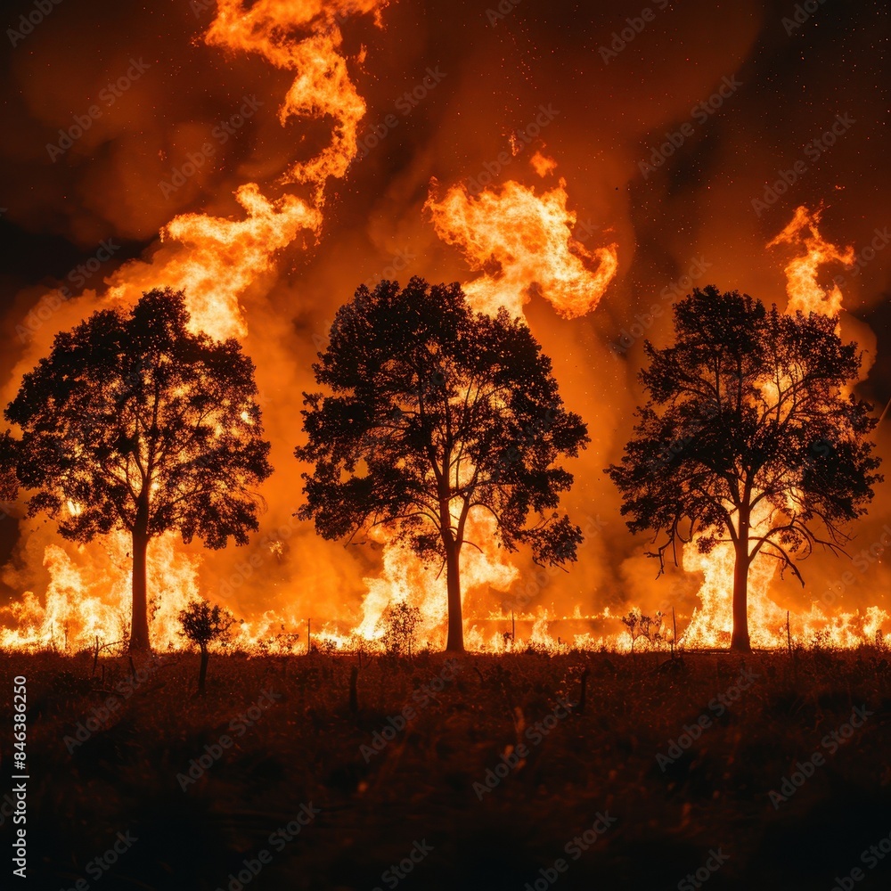 Forest fire raging through trees, creating a powerful and intense scene of nature's fury with bright, orange flames reaching skyward. Forest fire raging through trees, creating a powerful and intense scene of nature's fury with bright, orange flames reaching skyward.