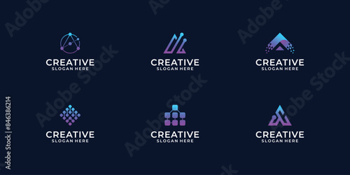 set Abstract letter A logo design with line dots connection for technology and digital business company