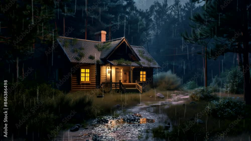 A cabin in the middle of the forest at night with rain falling, for relaxing background music. seamless looping time-lapse video background