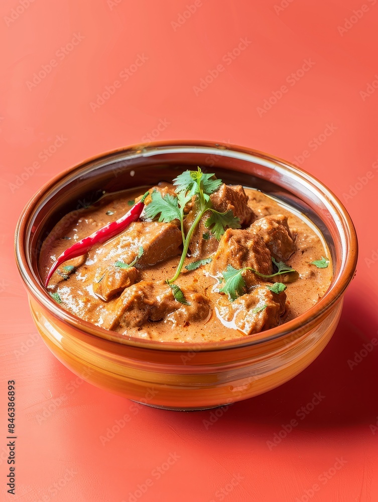 Exquisite Creamy Korma with Tender Meat on Coral Background