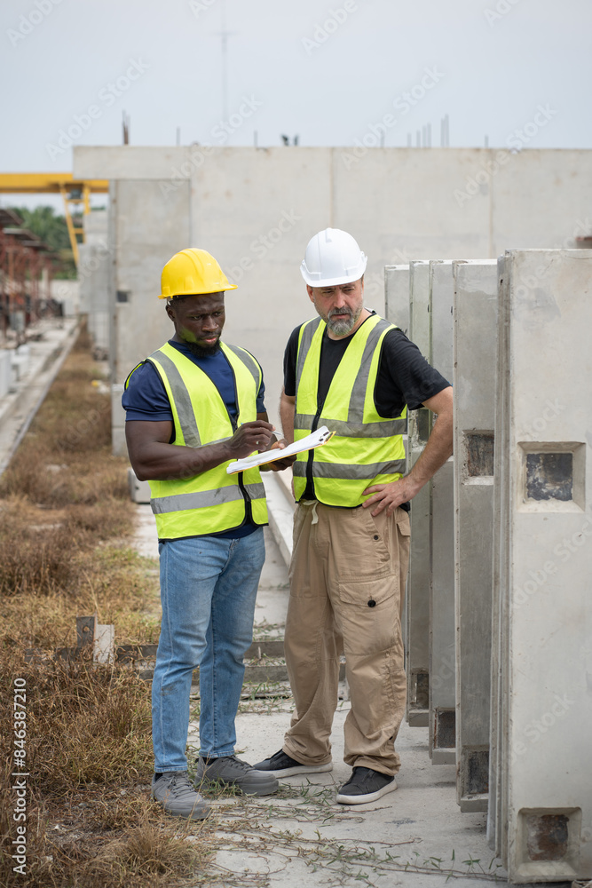 Portrait African engineer man working with caucasian engineer man at precast cement outdoor factory Portrait African engineer man working with caucasian engineer man at precast cement outdoor factory
