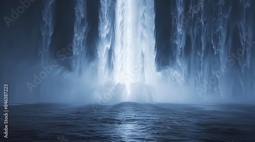  A large waterfall, with a light at its end, sits in the middle of a body of water