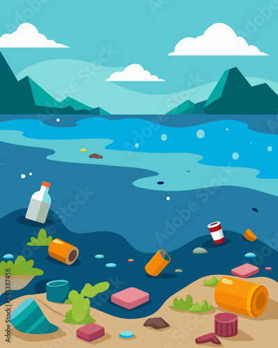 The ocean shoreline littered with plastic debris and discolored from the runoff of toxic pesticides and fertilizers.. Vector illustration