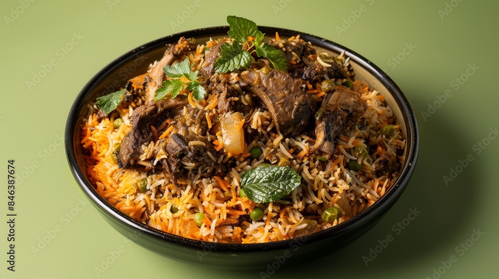 Exquisite Mutton Biryani - Rich and Flavorful Rice with Tender Mutton on Olive Green Background Exquisite Mutton Biryani - Rich and Flavorful Rice with Tender Mutton on Olive Green Background