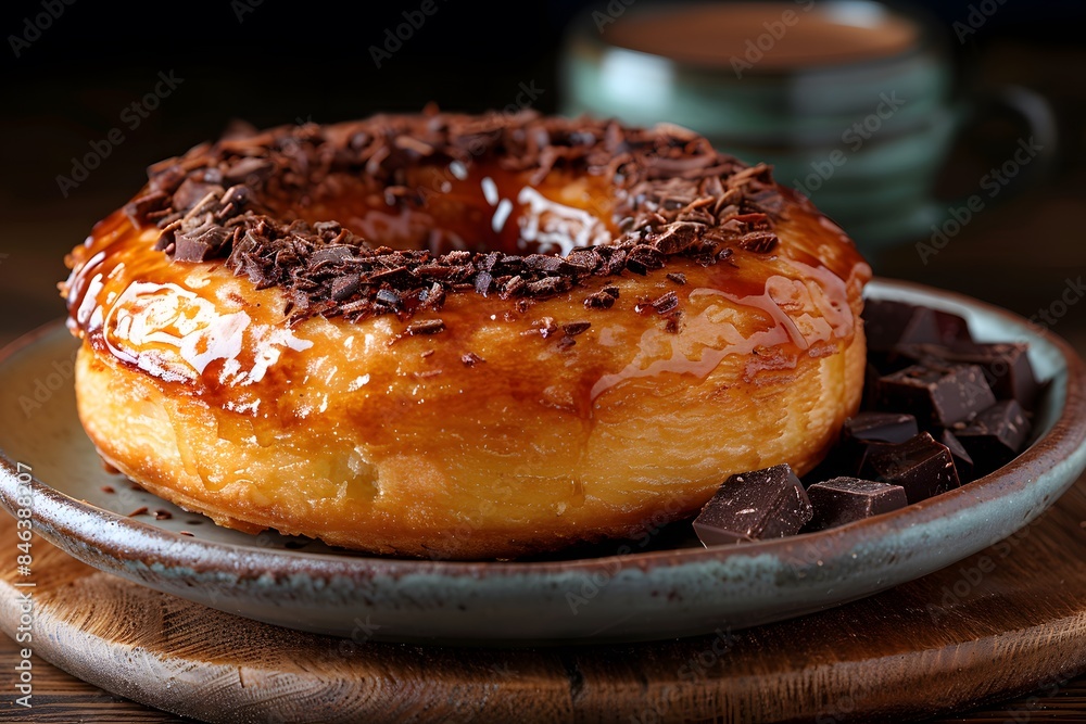 Delicious Caramel Donut with Chocolate Shavings and Coffee for a Perfect Morning Treat Delicious Caramel Donut with Chocolate Shavings and Coffee for a Perfect Morning Treat