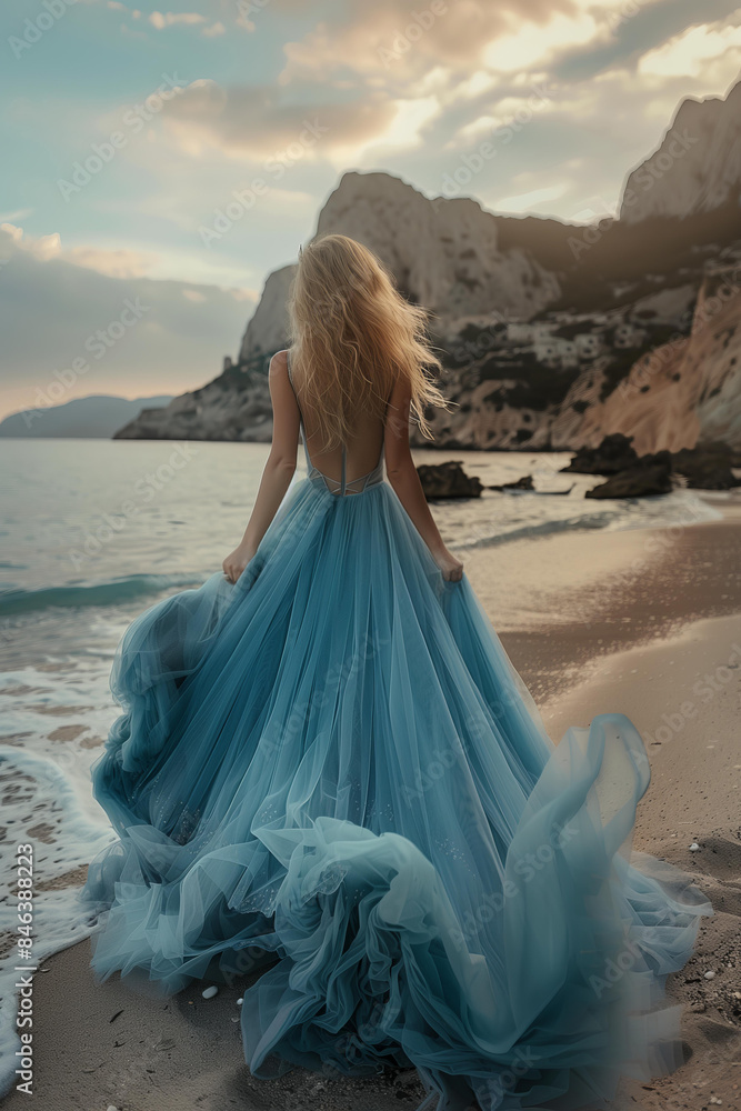 blonde woman in blue tulle dress standing on the beach, fantasy landscape with mountains and sea, prom dress rental, fantasy photoshoot blonde woman in blue tulle dress standing on the beach, fantasy landscape with mountains and sea, prom dress rental, fantasy photoshoot