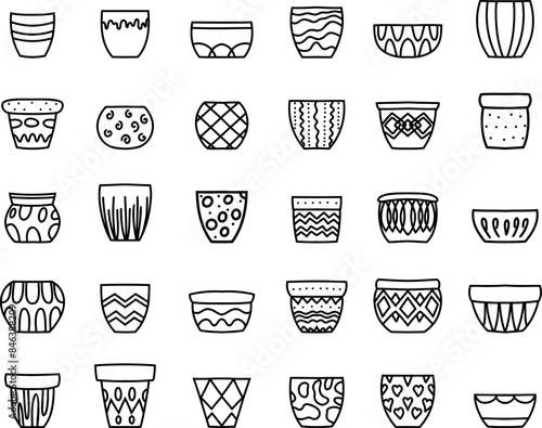 Set of various black and white hand-drawn plant pot designs. Simple doodle outline illustrations on a white background.