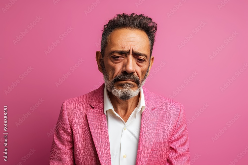 Sad man, 51, Hispanic, struggling with job loss, on a pastel pink background Sad man, 51, Hispanic, struggling with job loss, on a pastel pink background