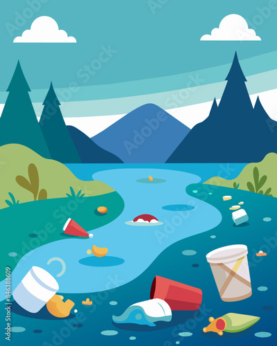 The reservoirs banks are lined with trash and litter a reminder of the careless attitude towards pollution and its consequences.. Vector illustration