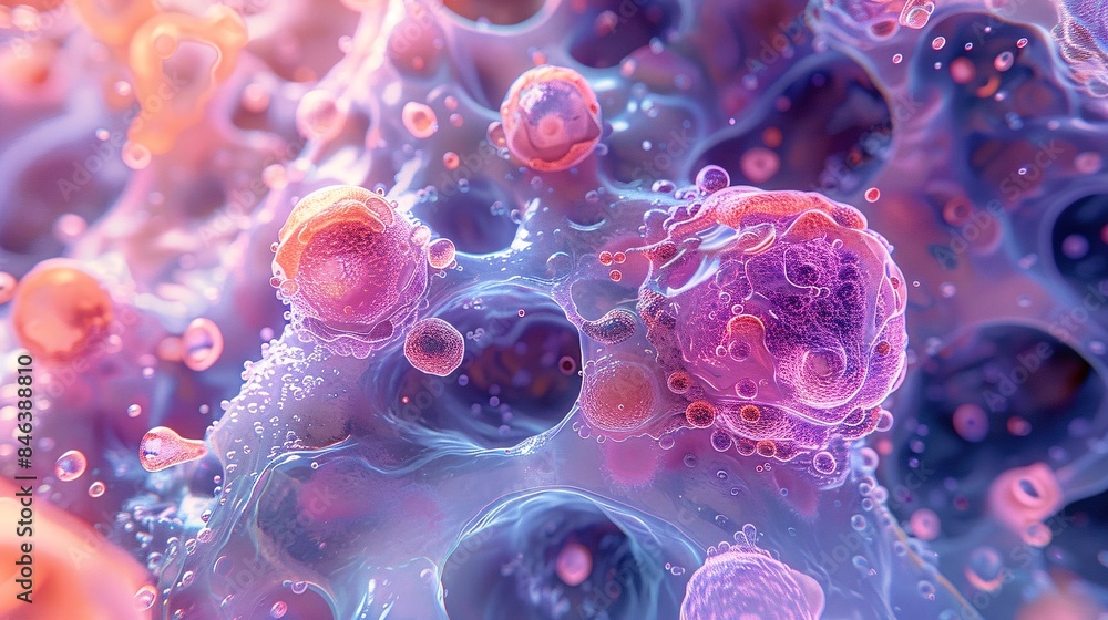 Microscopic view of cells and structures, medical and healthcare illustration for pharmaceutical and medical device marketing, copyspace, editorial photography style Microscopic view of cells and structures, medical and healthcare illustration for pharmaceutical and medical device marketing, copyspace, editorial photography style