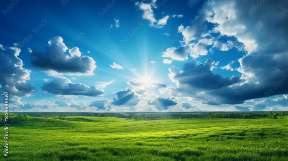 vibrant blue sky with fluffy white clouds, sunbeams piercing through the clouds, casting long shadows on a lush green meadow. vibrant blue sky with fluffy white clouds, sunbeams piercing through the clouds, casting long shadows on a lush green meadow.