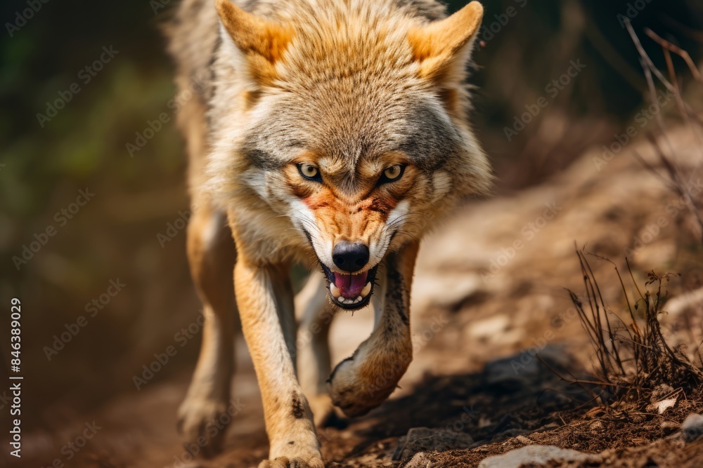 A Rabid coyote on a remote hiking trail, growling at a lone hiker, its stance aggressive and eyes filled with rage, a dangerous encounter in the wilderness A Rabid coyote on a remote hiking trail, growling at a lone hiker, its stance aggressive and eyes filled with rage, a dangerous encounter in the wilderness