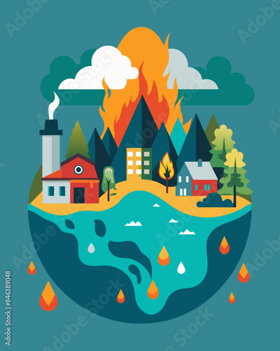The threat of natural disasters such as floods landslides and wildfires is greatly increased by the effects of climate change worsened by the toxic chemicals released from. Vector illustration