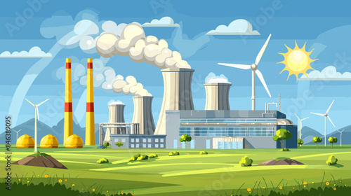 Renewable energy with traditional power generation methods. It features a scene with a large power plant in the center