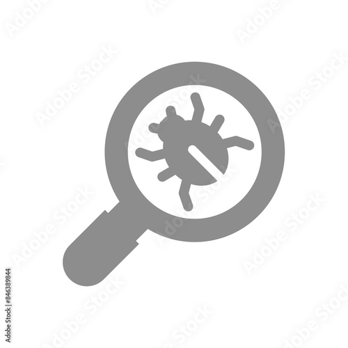 Bug fixing and identifying vector icon. Bug tracking with magnifying glass symbol.