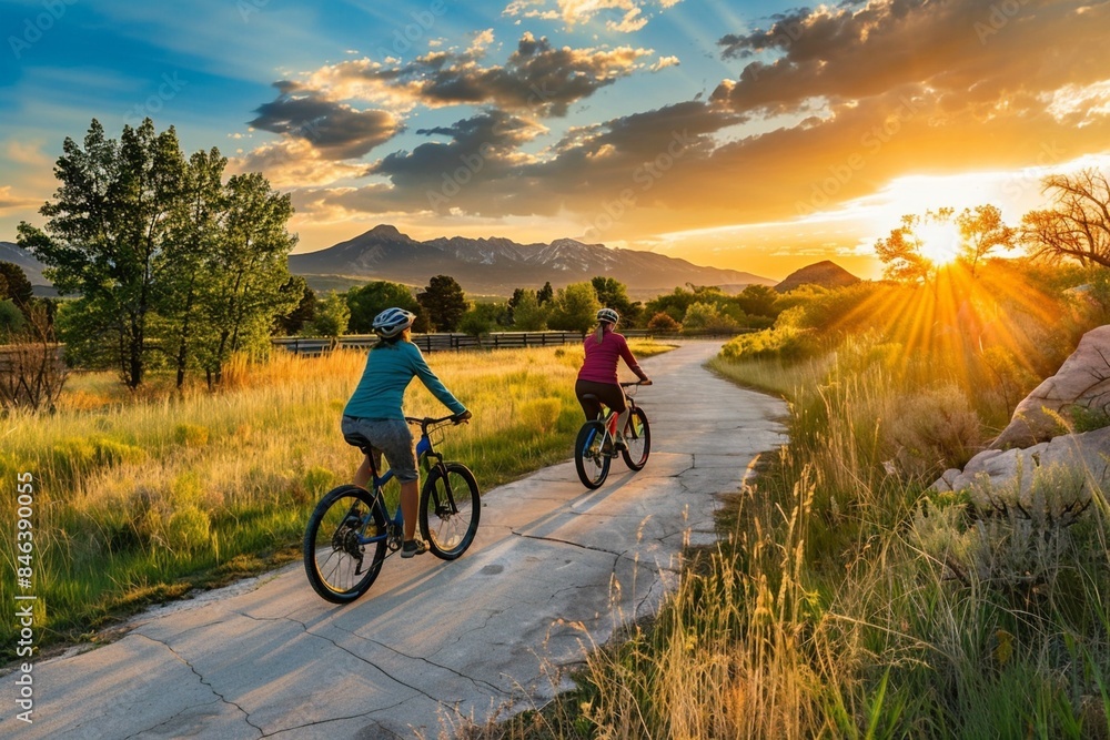 Obraz premium people riding bikes along scenic trails sunset